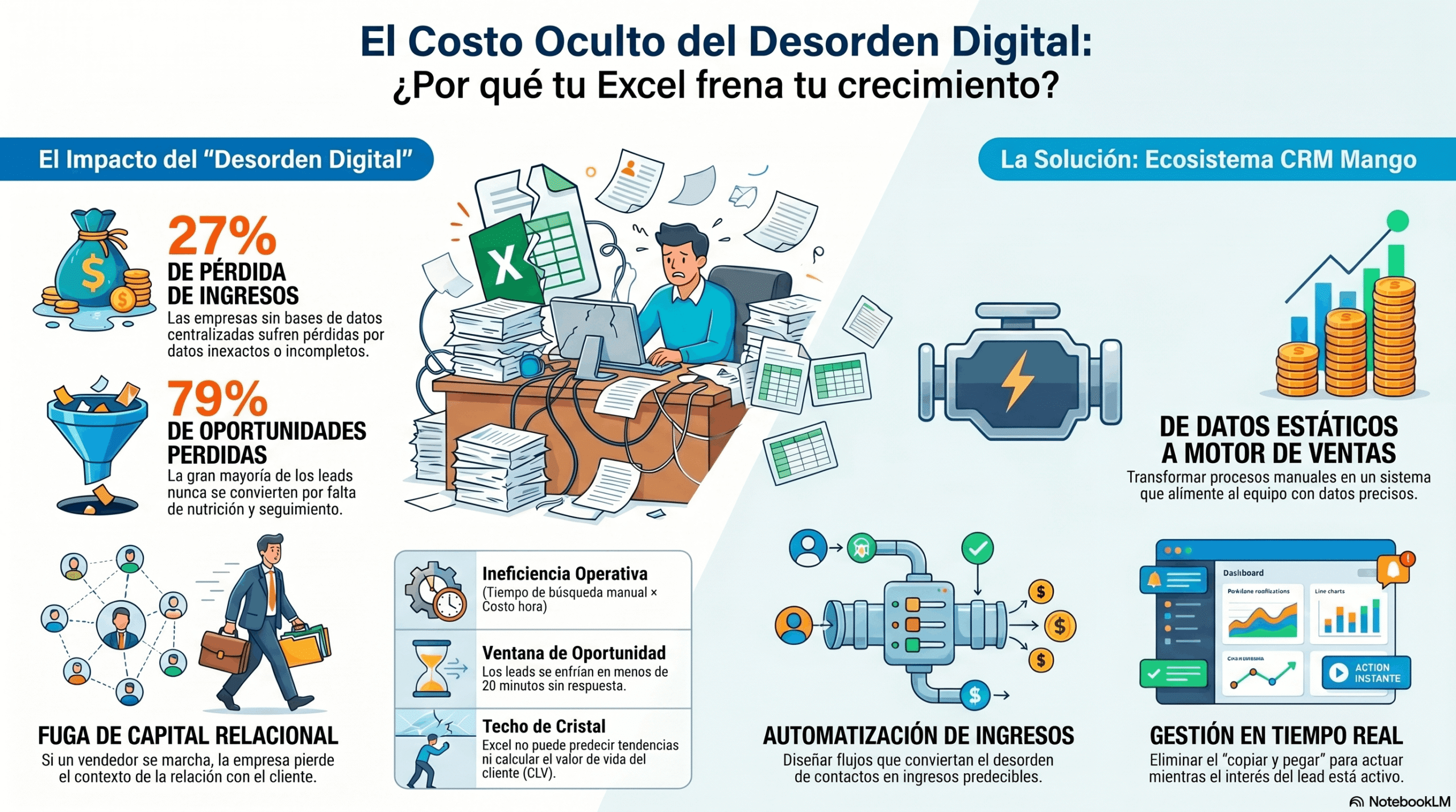Infografía sobre implementación CRM, automatización de ventas y el impacto del desorden digital en la pérdida de ingresos.