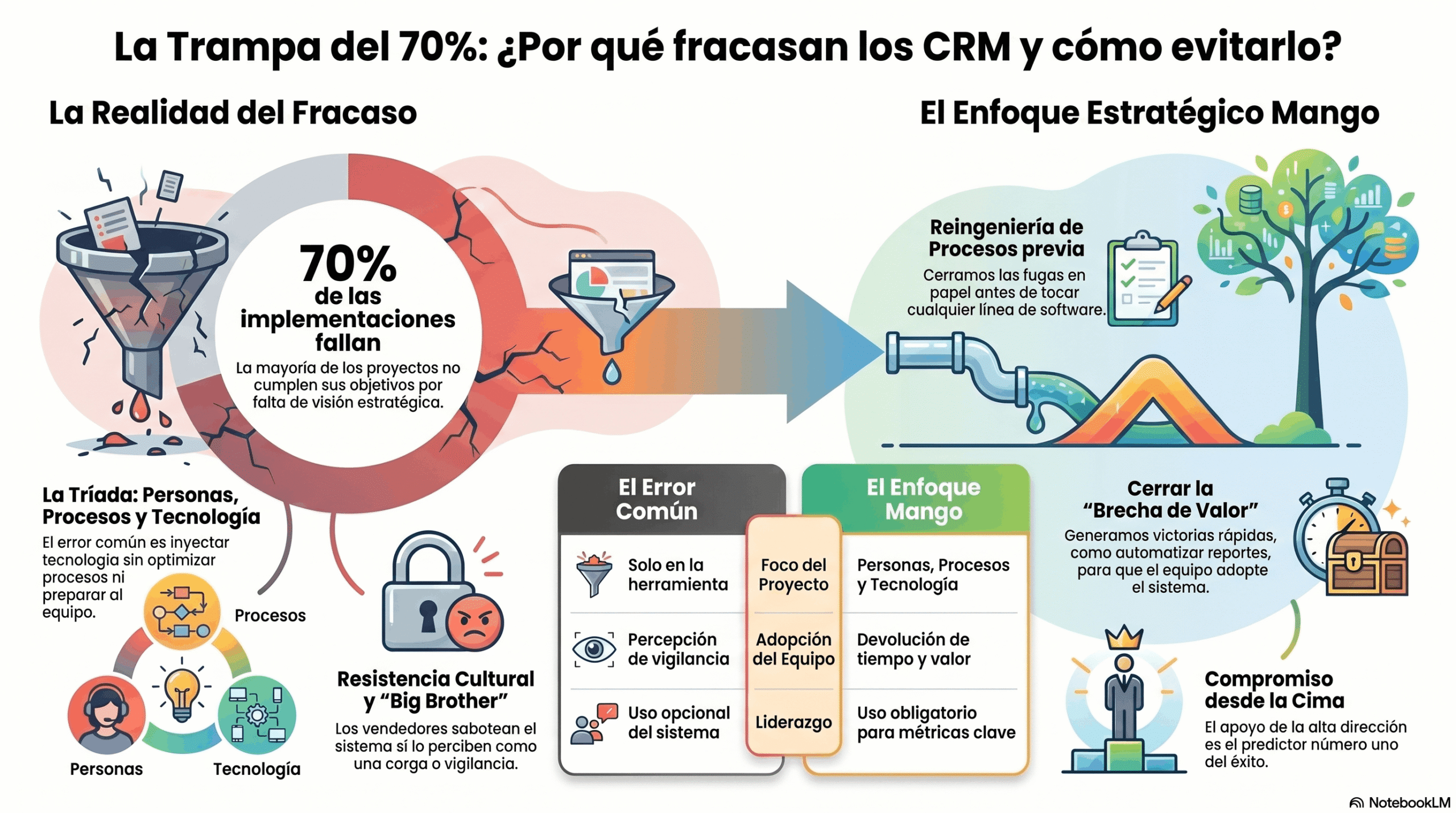 Infografía sobre por qué el 70% de las implementaciones CRM fracasan y cómo una estrategia basada en personas, procesos y tecnología permite una implementación exitosa.